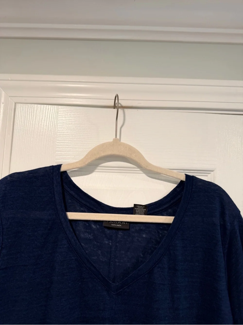 NWOT Tahari Size 3X Navy Blue 100% Linen V Neck Short Sleeve Relaxed Fit Top - Picture 2 of 7